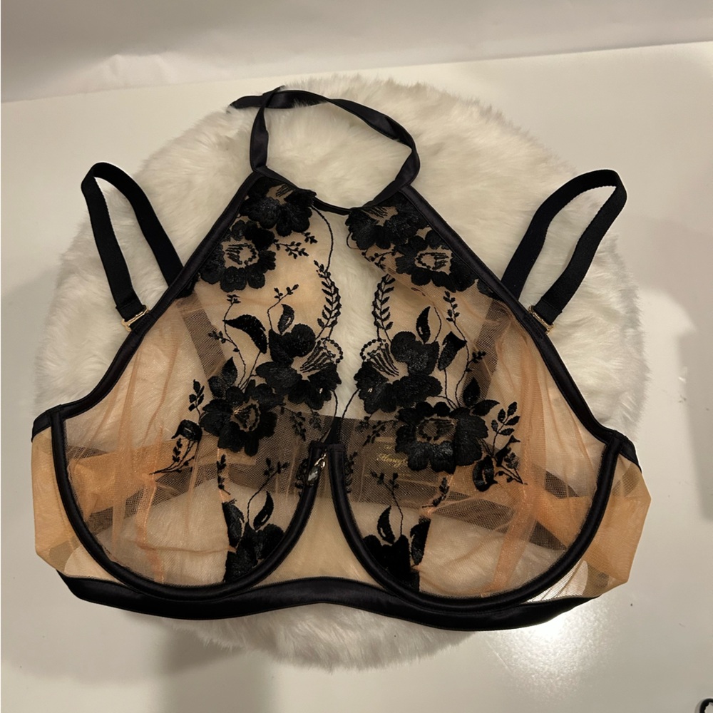 EUC Honey Birdette Belle Black and Tan Floral Lace Bra 38DDD